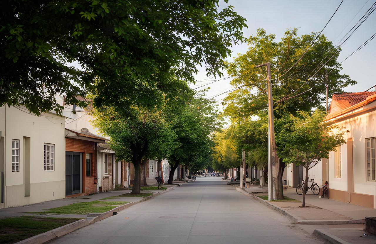 Calle Tabaré de Juan Lacaze, con viviendas bajas, árboles y vereda de barrio