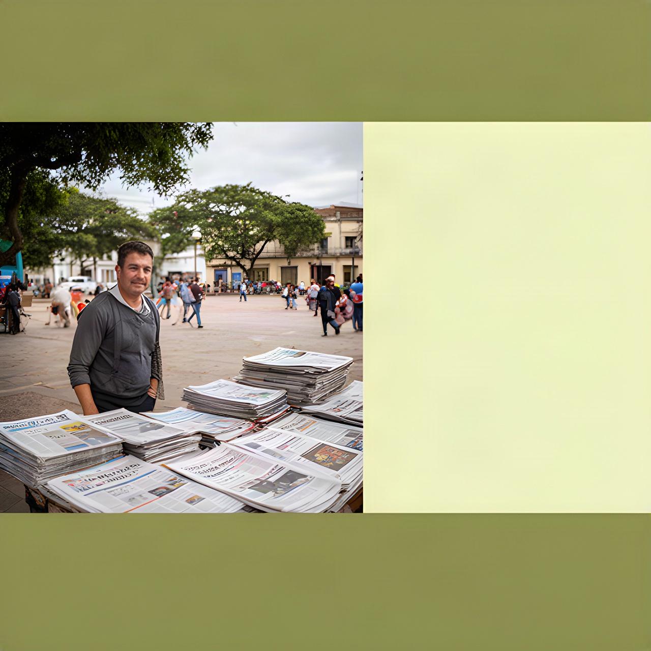 Vendedor de diarios junto a periódicos con titulares de política, cultura y deportes en una plaza de Juan Lacaze