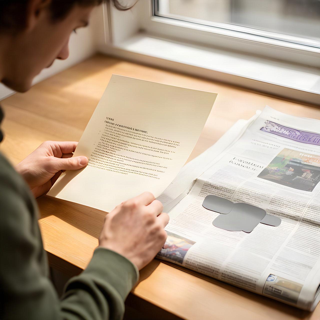 Persona leyendo una página de términos en una mesa luminosa junto a un ejemplar de prensa