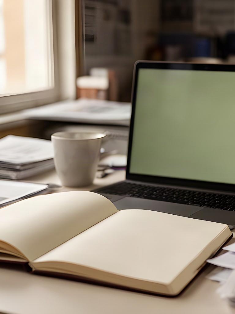 Cuaderno abierto junto a una computadora en una redacción de noticias de Juan Lacaze