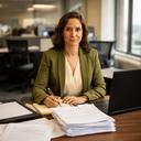 Yami Garber tomando notas en una sala de prensa con documentos locales