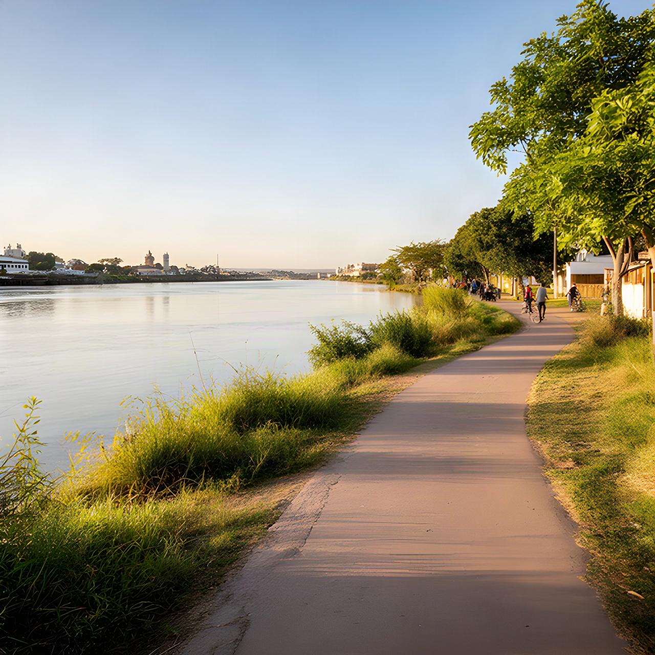 Rambla de Juan Lacaze junto al agua, con sendero, vegetación costera y luz de la tarde